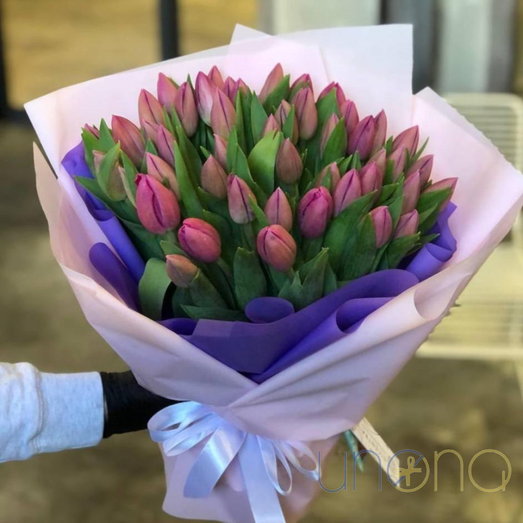 39 pink lavender tulips bouquet for Women’s Day Ukraine
