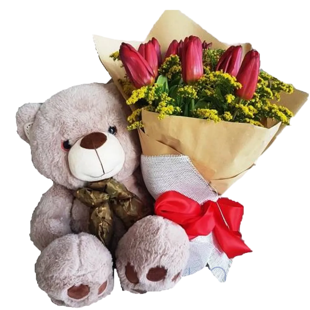 9 red tulips with teddy bear romantic gift set delivery Ukraine