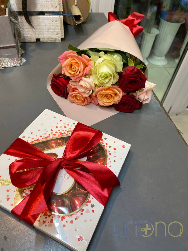 Cheerful multicolored roses with heart chocolates Kharkiv Ukraine