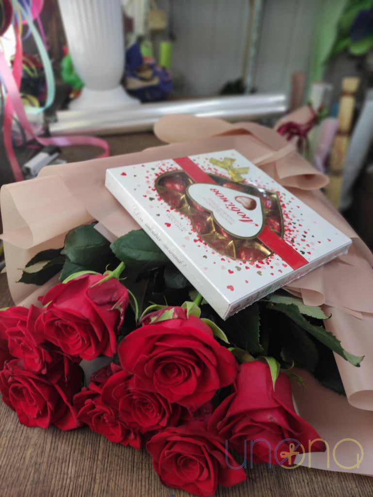 Red roses with box of chocolates romantic gift Poltava