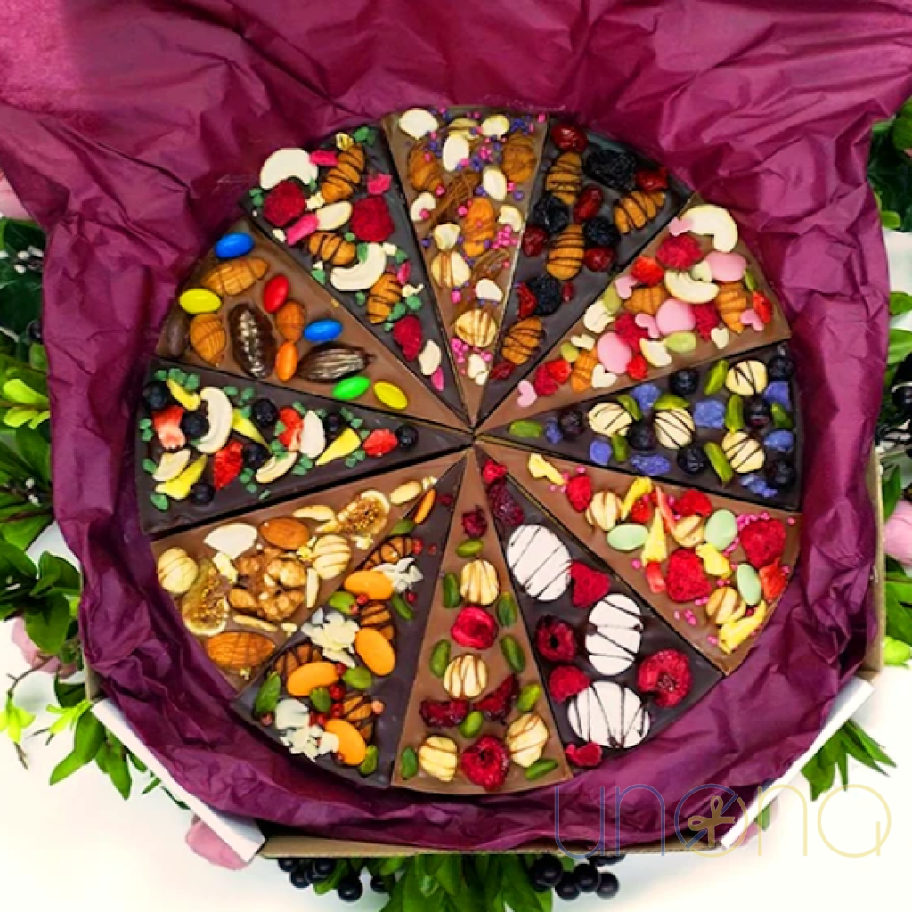 Luxury Belgian chocolate pizza in elegant round gift box