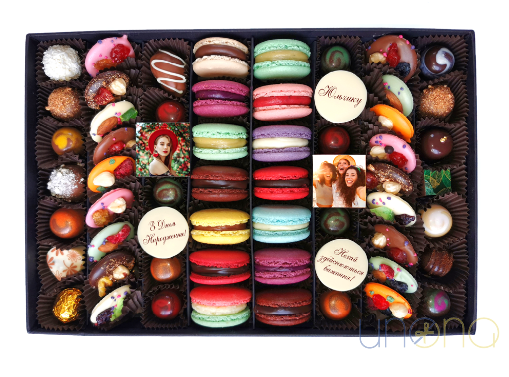Ma Belle luxury chocolates gift box with macarons, artisan chocolates and custom edible photos delivery in Ukraine