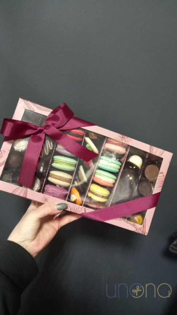 Fresh macarons and handcrafted chocolates gift box