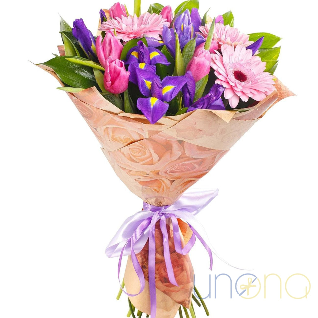 Happy pink and purple spring bouquet delivery Ukraine