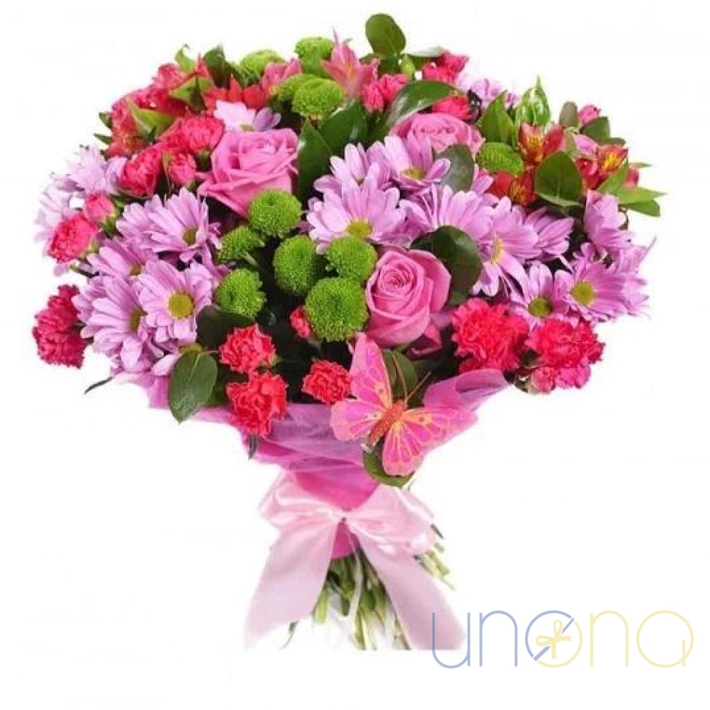 Mixed roses and chrysanthemums bouquet with pink roses and colorful blooms