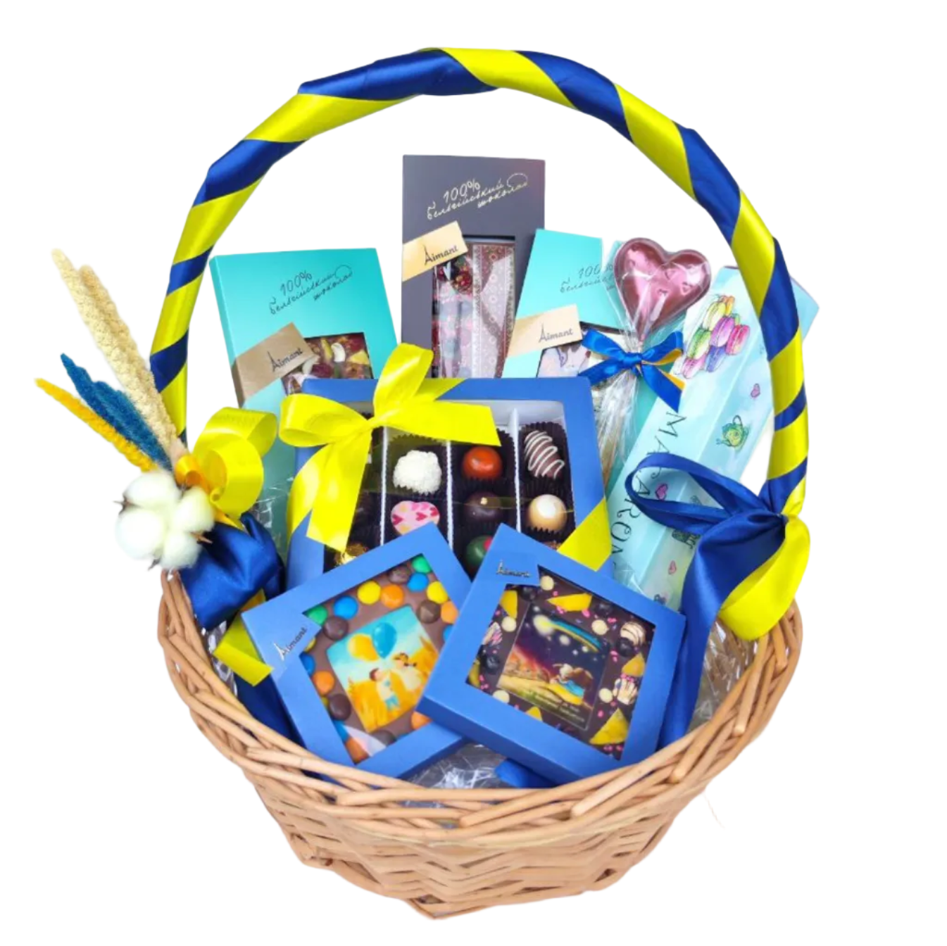 Patriotic Chocolate Love Basket with Belgian chocolates, macarons, chocolate heart and gourmet sweets for delivery in Ukraine