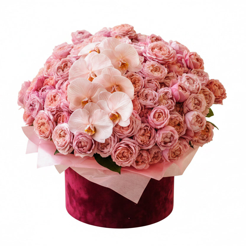 Luxury Hat Box with 51 Pink Peony Roses & Orchid