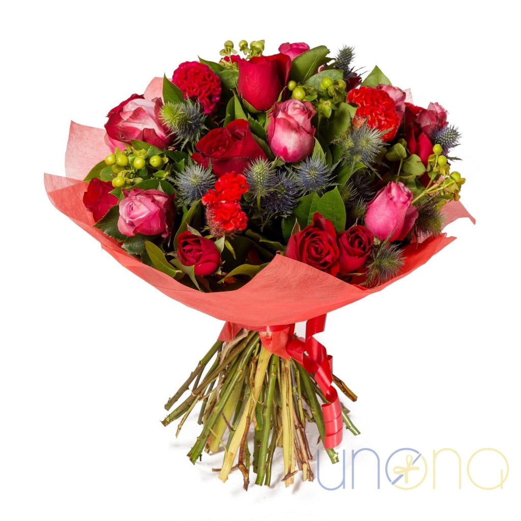Prima Donna Bouquet with red and pink roses and carnations Ukraine flowers
