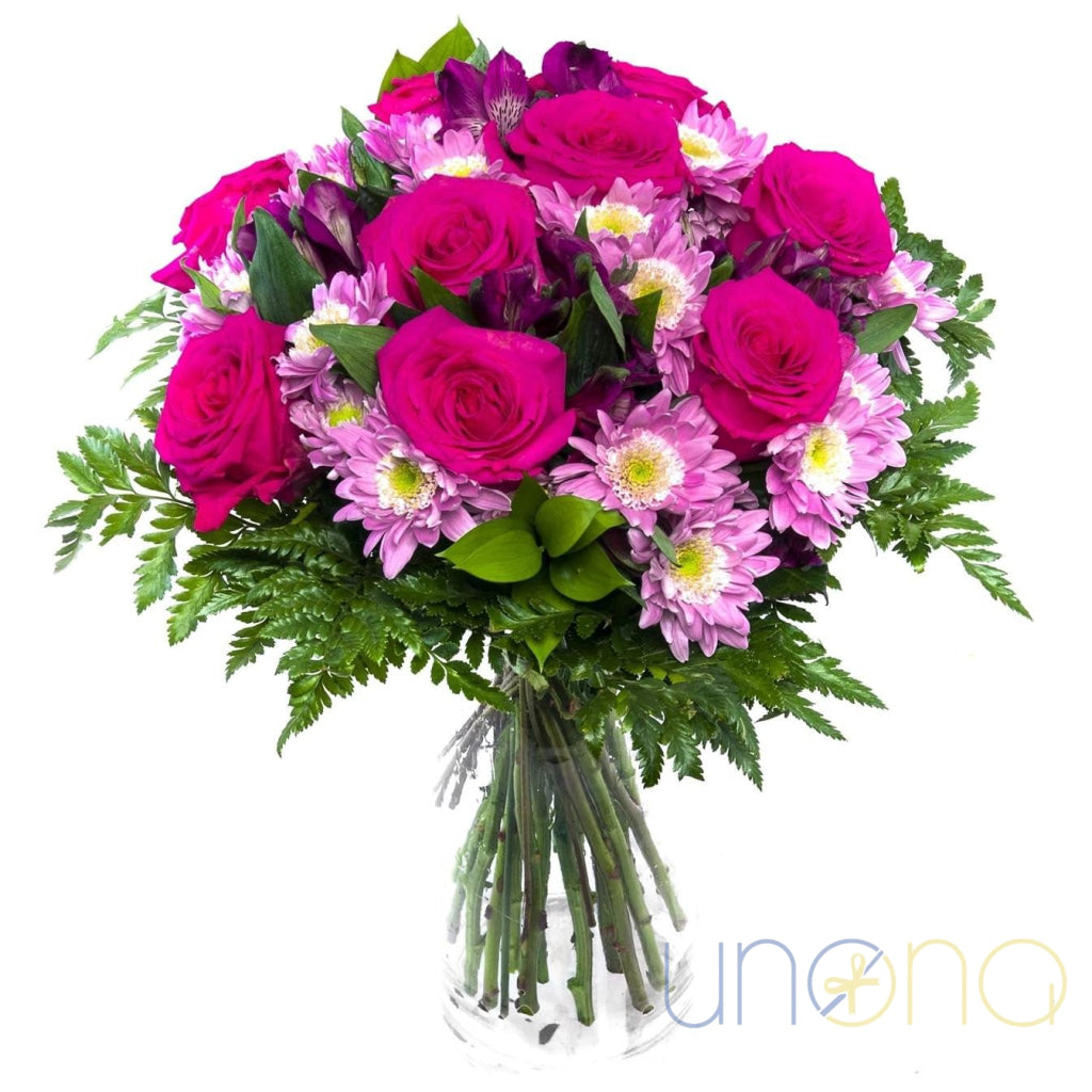 Purple Aster and Roses Bouquet – pink roses, violet asters & alstroemerias – send flowers to Ukraine