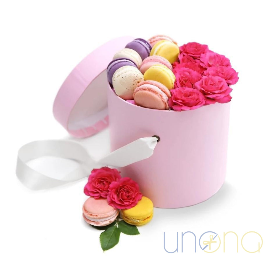 Roses and macarons sweet box delivery in Ukraine