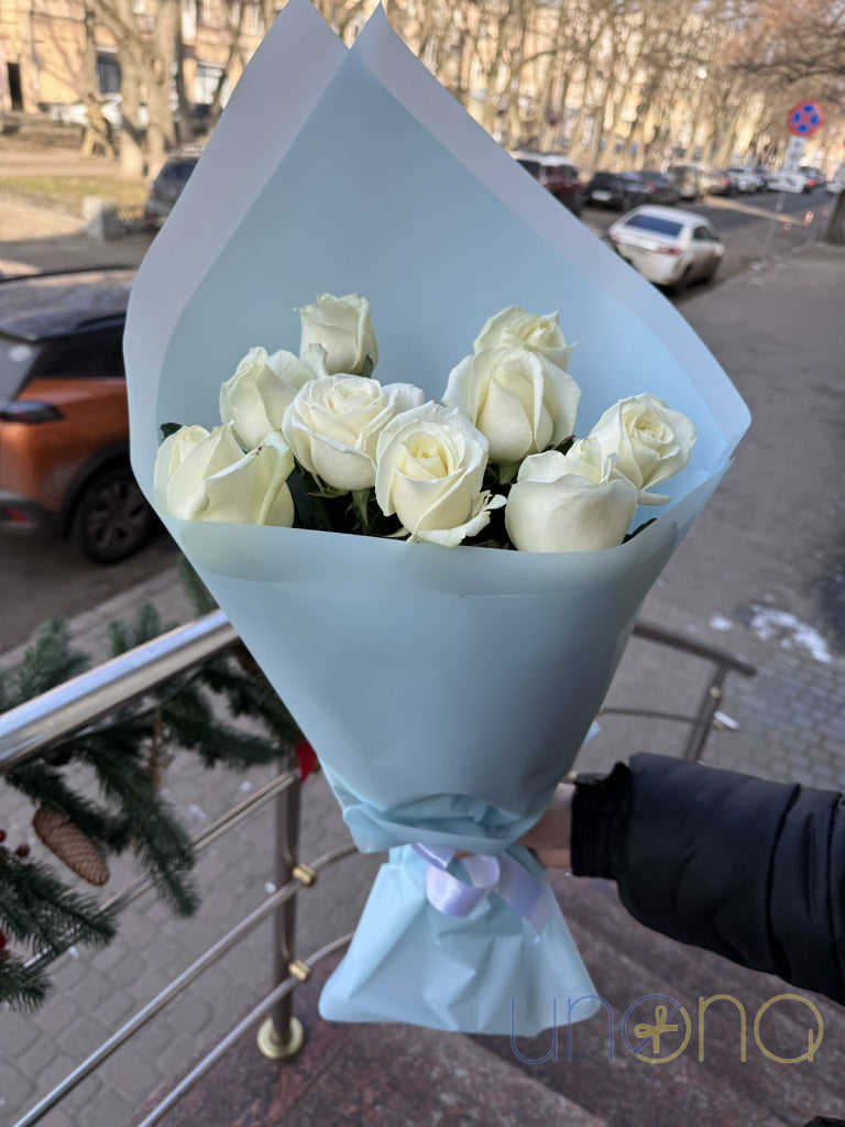 Send love with a bouquet of 9 fabulous white roses to Ukraine