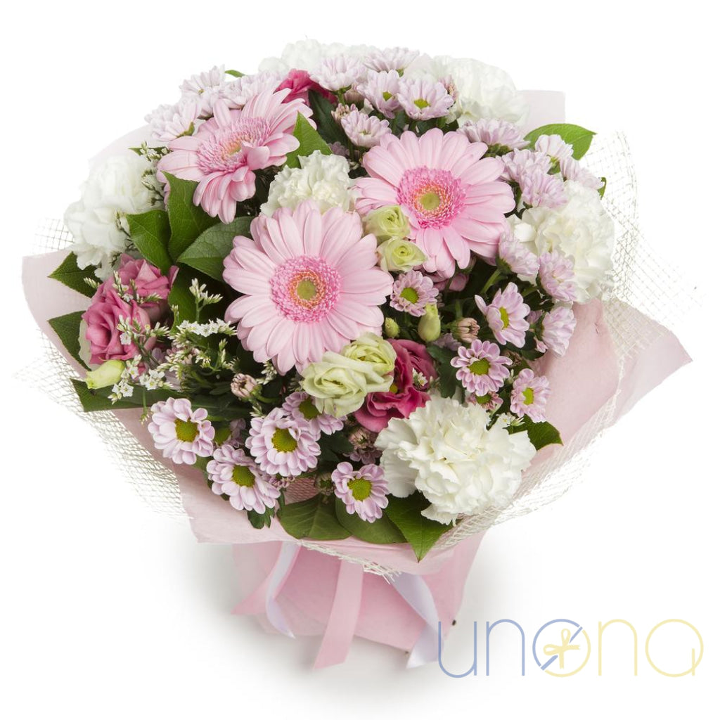 Sheer Delight Bouquet with pink gerberas, chrysanthemums and white carnations Ukraine flowers