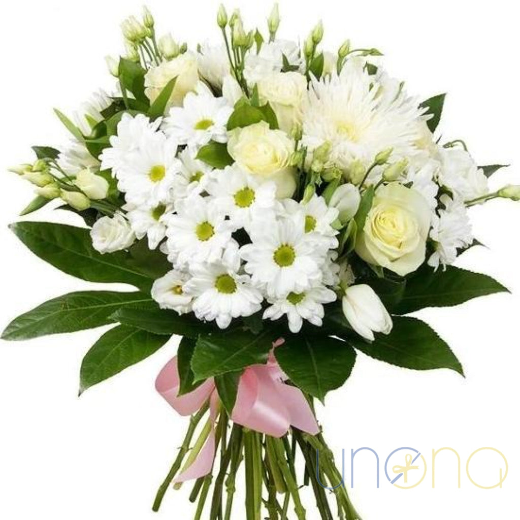 White roses and chrysanthemums bouquet for delivery in Ukraine