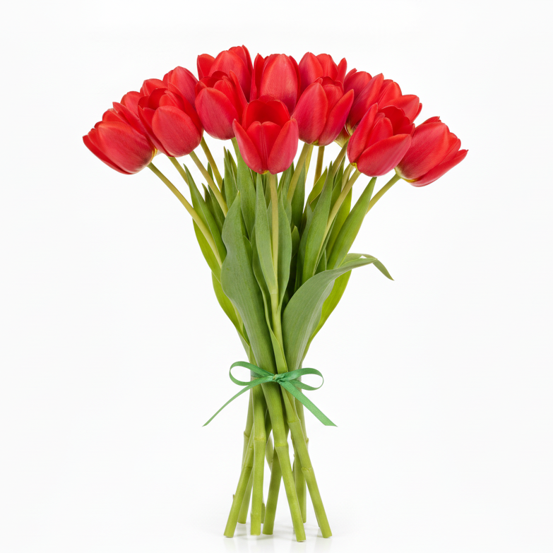Romantic red tulips bouquet with glass vase option