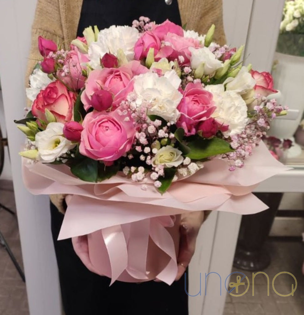 Luxury flower gift box arrangement with roses, carnations and orchid