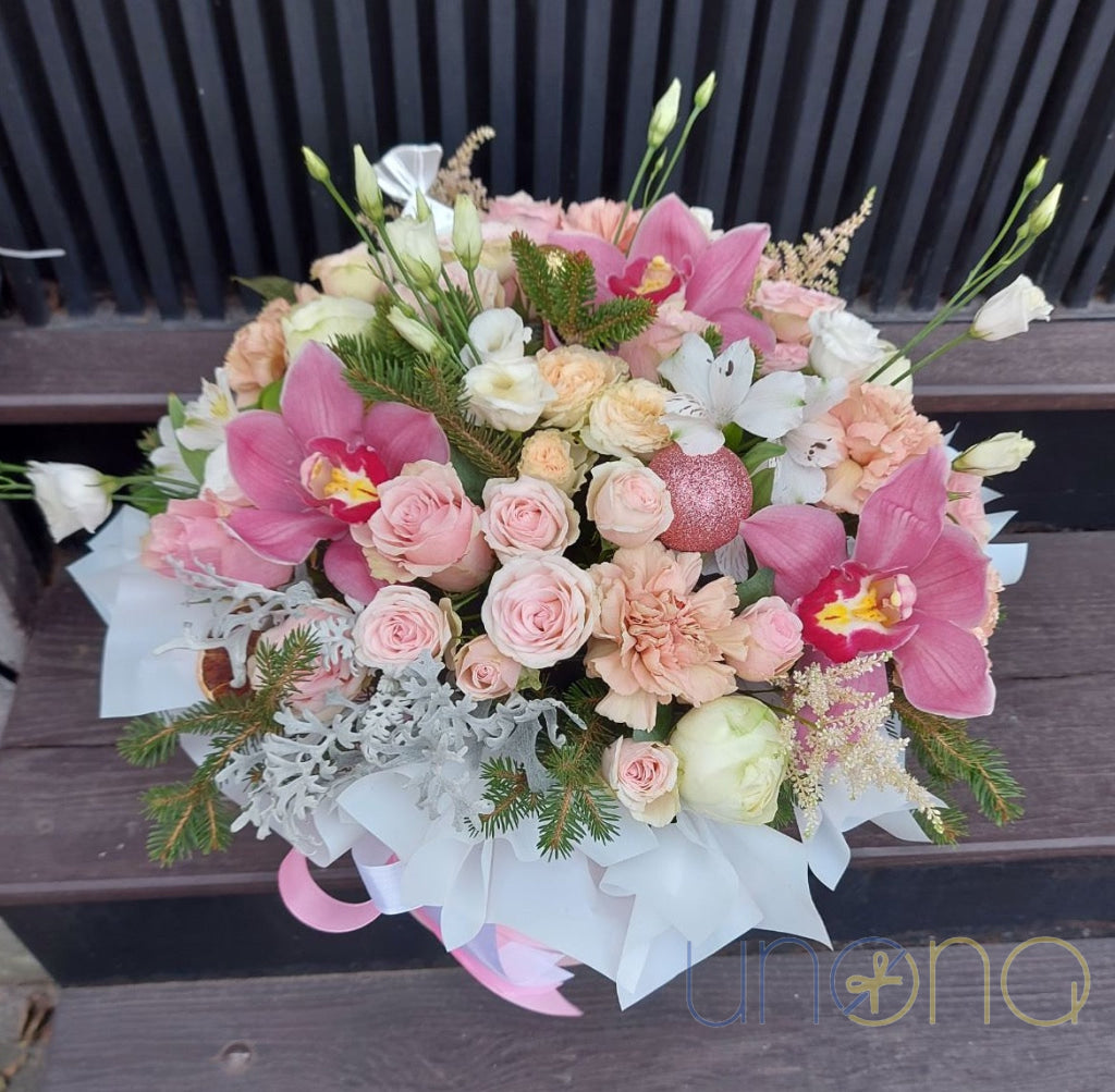 Luxury flower gift box with roses, carnations and orchid