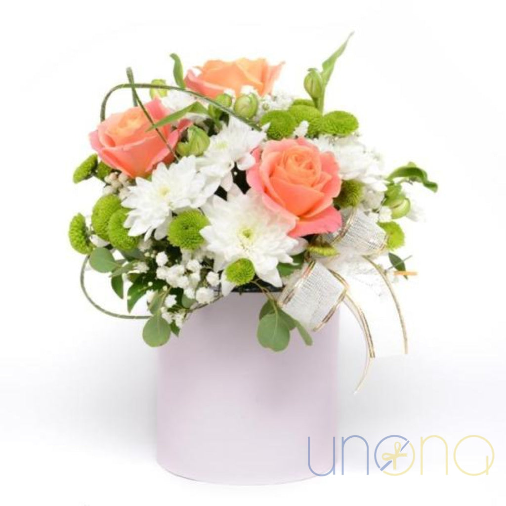 Soothing Charm peach roses and chrysanthemums flower box for Ukraine flower delivery