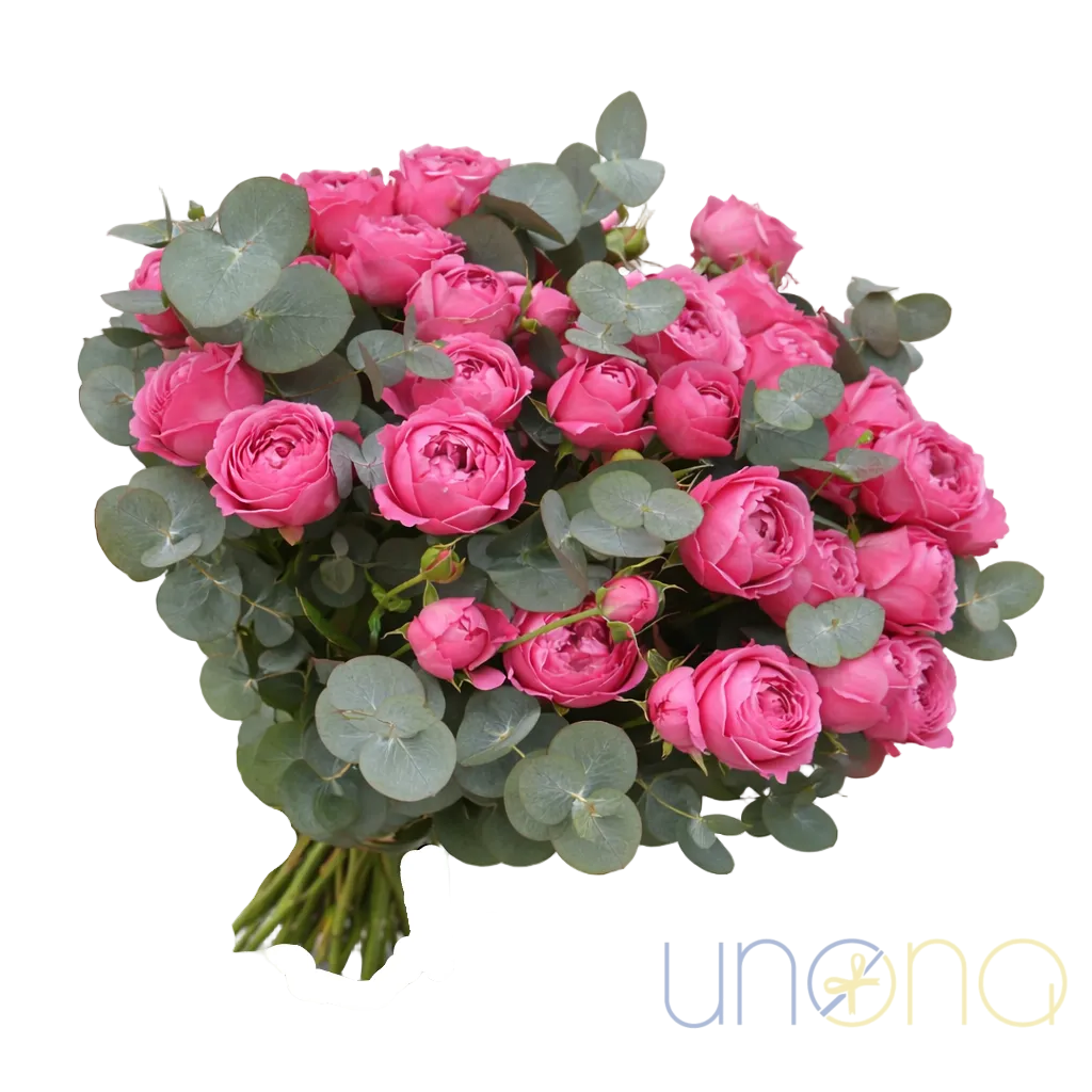 Pink peony spray roses bouquet with eucalyptus – send flowers to a Ukrainian woman