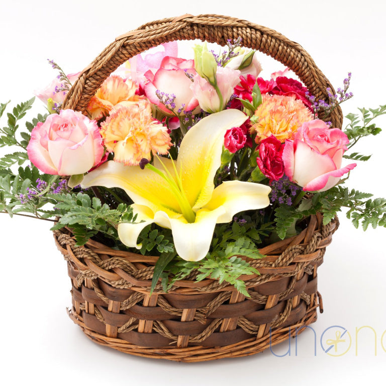 Spring Wonderful Flowers Basket — roses, lily, carnations & eustoma in woven basket, flower delivery to Ukraine
