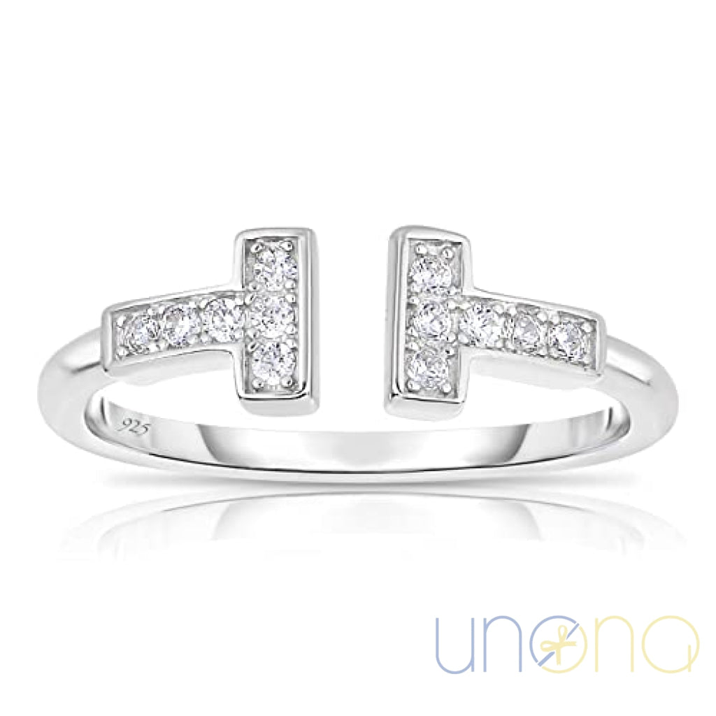 T-letter sterling silver ring with cubic zirconia pavé, Ukraine