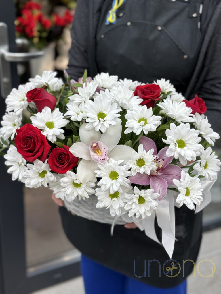 Tender Surprise Bouquet with roses, orchids & chrysanthemums in basket