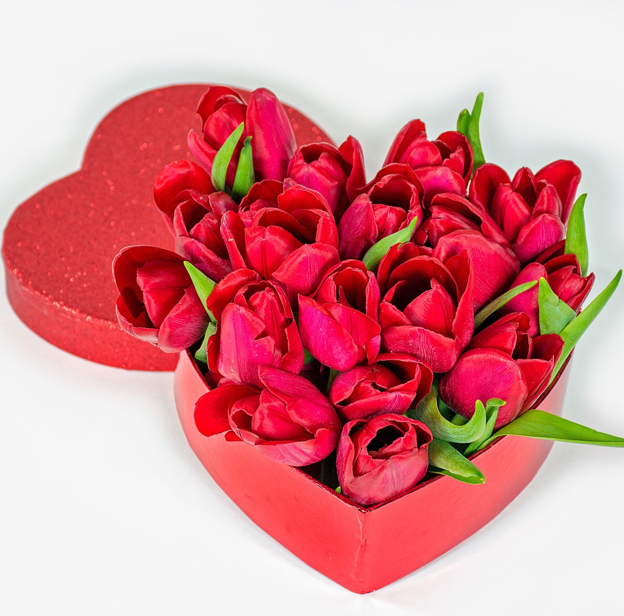 Romantic red tulips heart box Ukraine