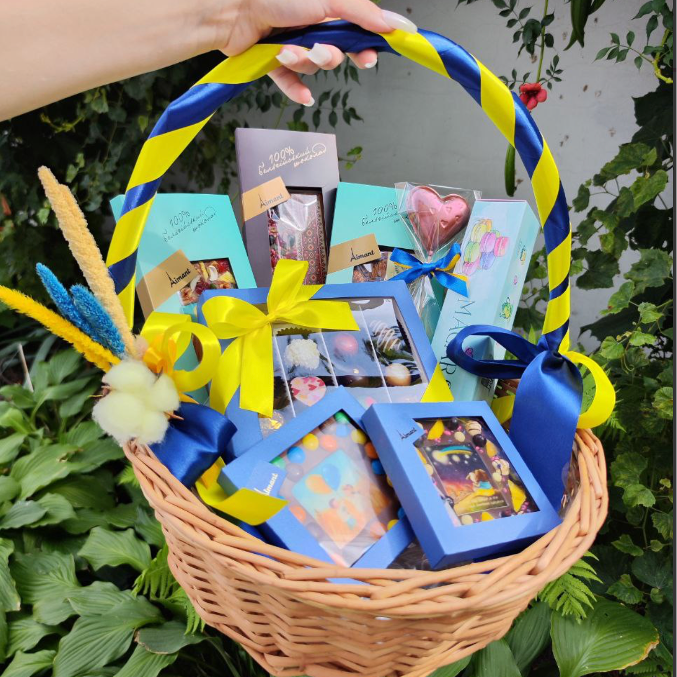 Luxury Ukrainian Heritage Chocolate Collection featuring Belgian chocolate bars, macarons, artisan sweets and chocolate heart gift basket