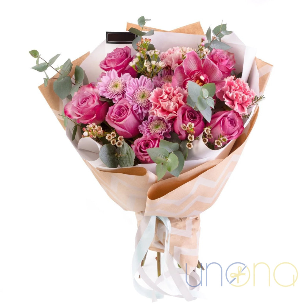 Velvet Touch Bouquet with pink roses, carnations, chrysanthemums, orchid and eucalyptus