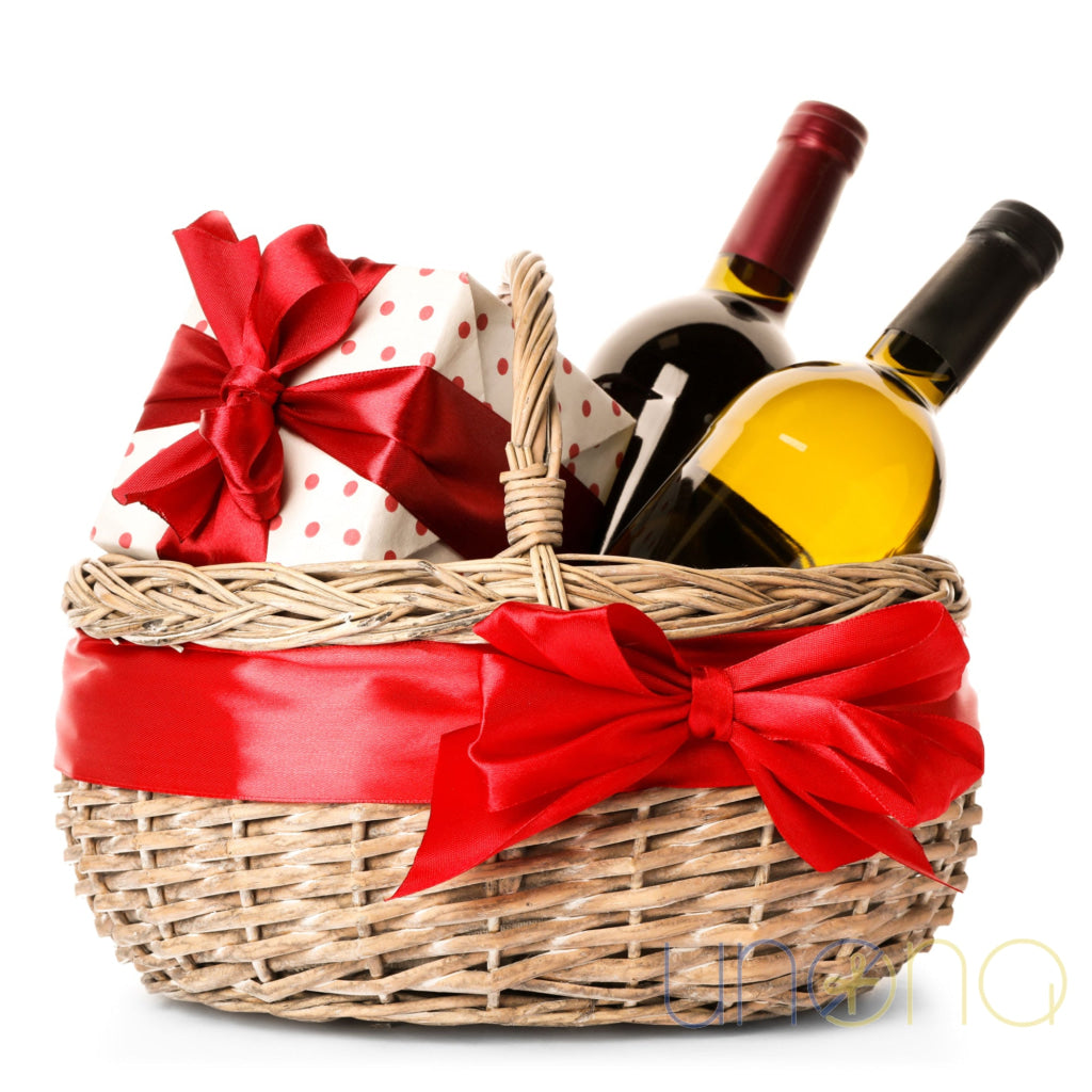 Wine and Raffaello Gift Basket with red wine, white wine and premium coconut almond chocolates