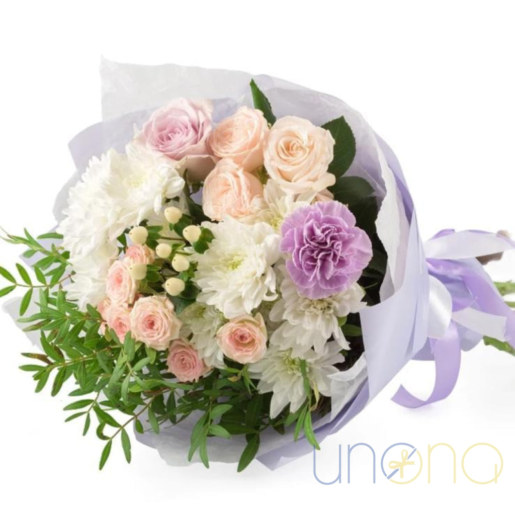 Wondrously Beautiful Bouquet with pastel roses carnations and chrysanthemums Ukraine flowers