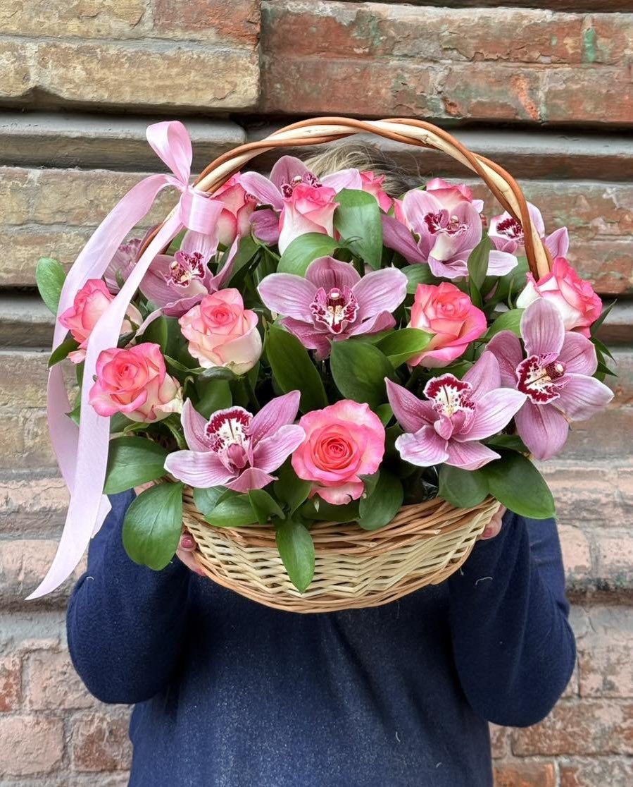 Flower Girl Basket | Pink Roses & White Orchids Basket Ukraine Delivery
