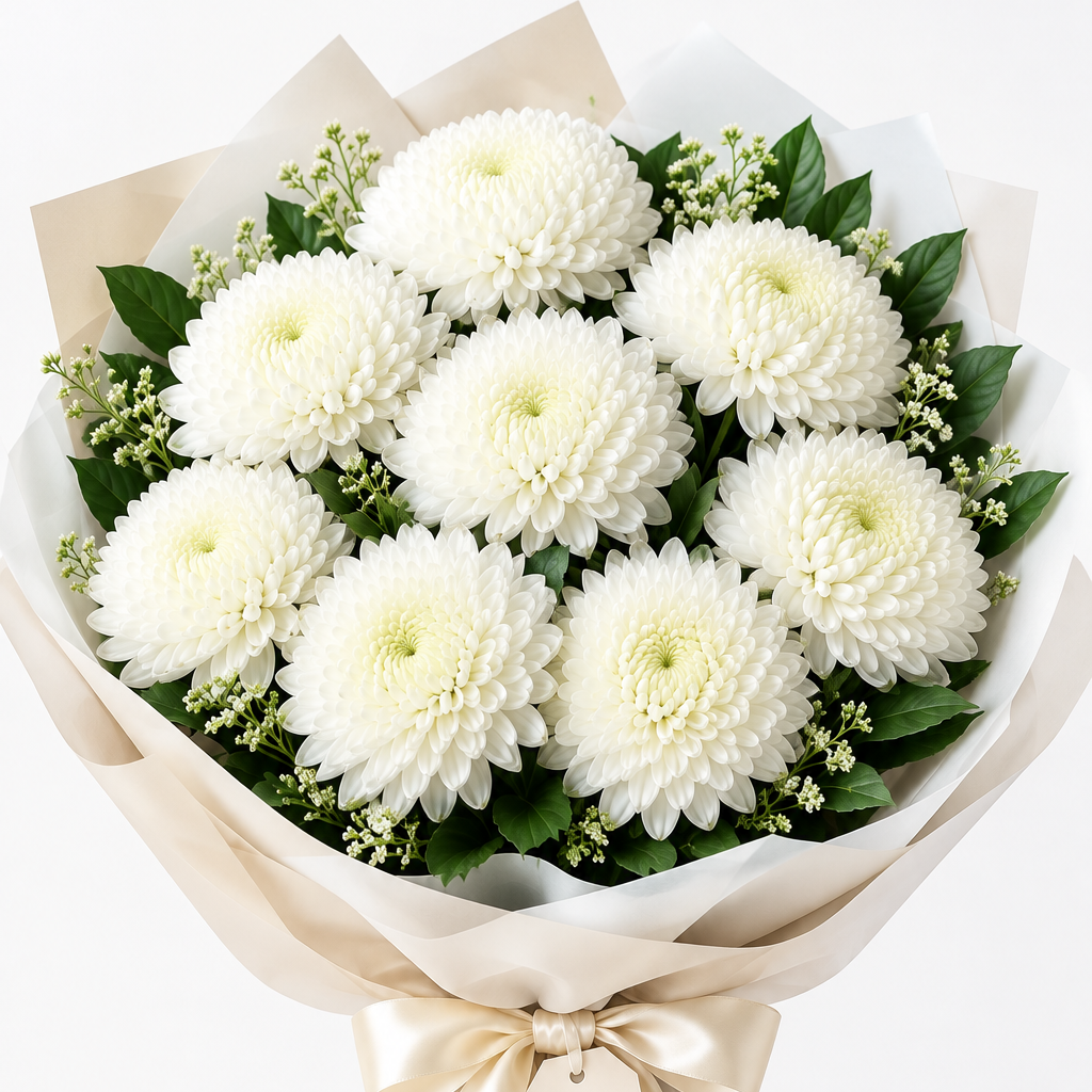 A bouquet of white chrysanthemums wrapped in cream paper with a satin ribbon and a small tag that reads 'With Love', photographed on a clean white background.