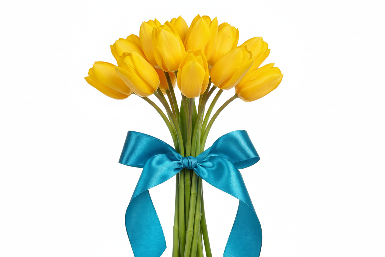 Patriotic 15 yellow tulips with a blue ribbon