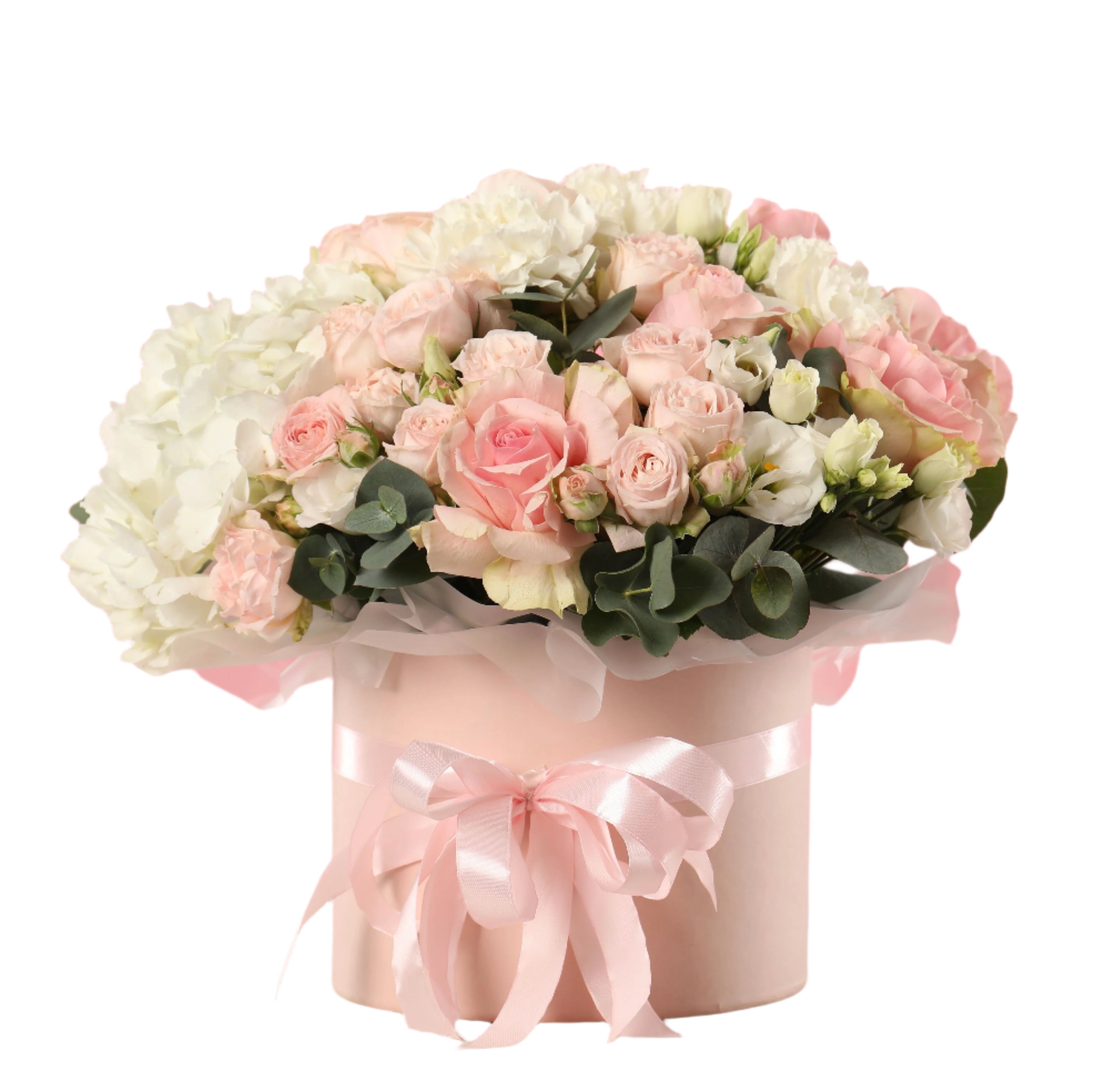 Elegant pastel flower box with roses, carnations, and hydrangeas – send flowers to Ukraine with free greeting card