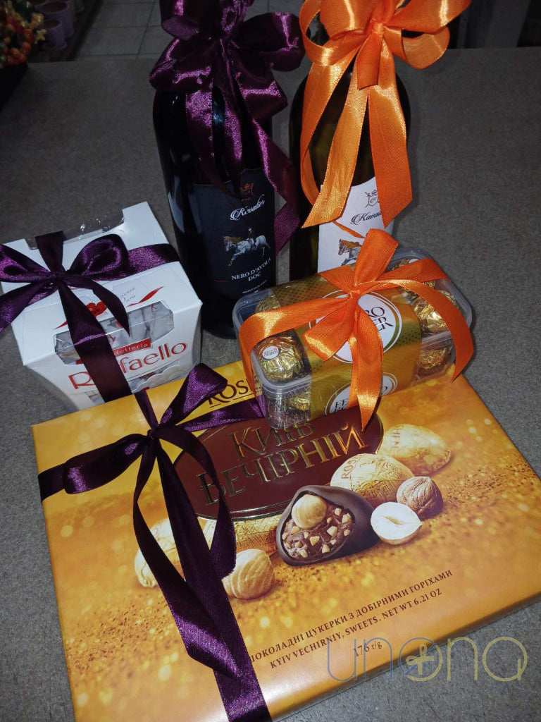 Anniversary wine and chocolate gift basket with Ferrero Rocher and Raffaello