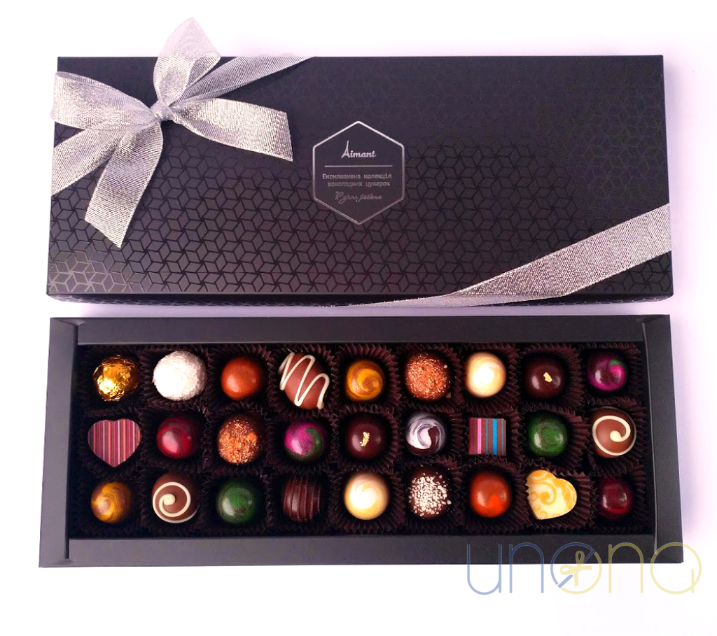 Assortment of 27 handcrafted Belgian chocolates for delivery in Ukraine