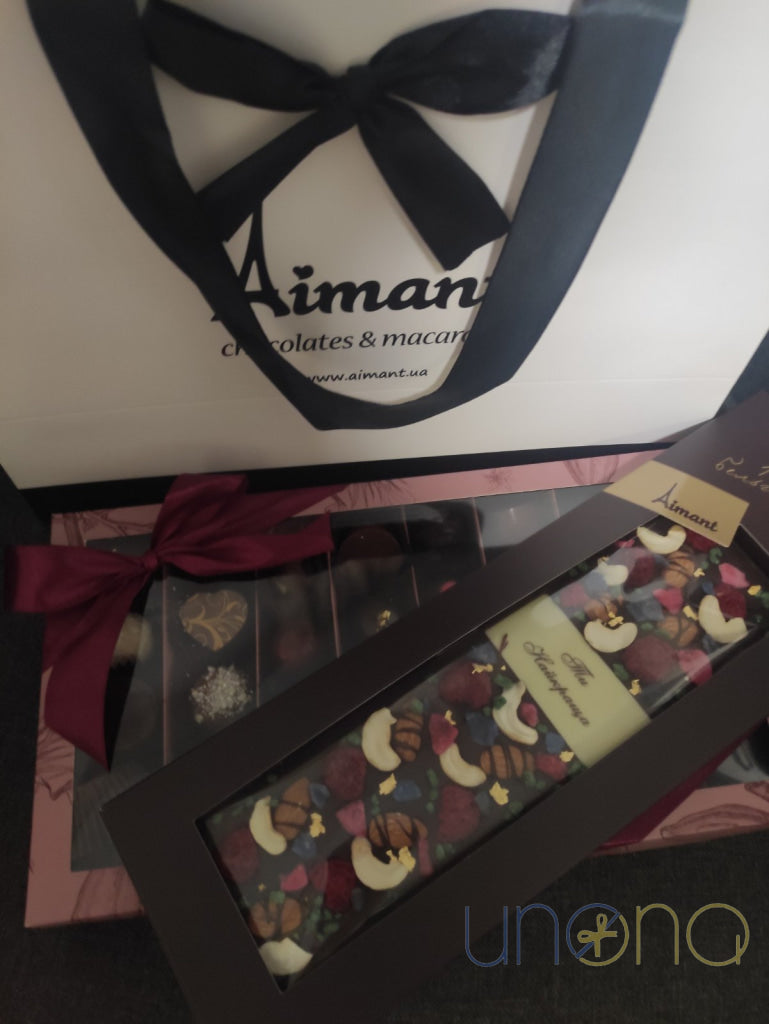 Artisan Belgian chocolate bar and assorted gourmet chocolates beautifully packaged for gifting in Ukraine