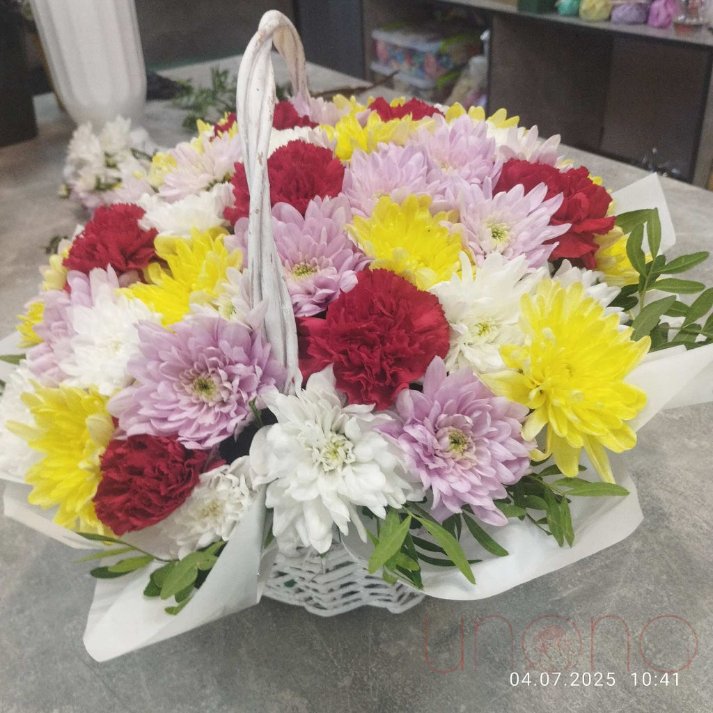 Handcrafted flower basket with fresh multicolored asters, perfect autumn gift in Ukraine