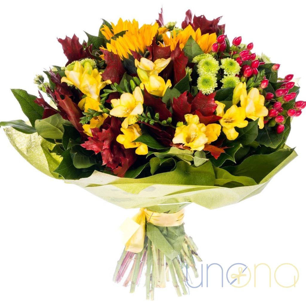 Autumn romantic bouquet with chrysanthemums and sunflower for Ukraine flower delivery