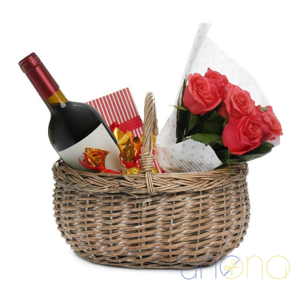 Be My Valentine gift basket wine chocolates roses Ukraine