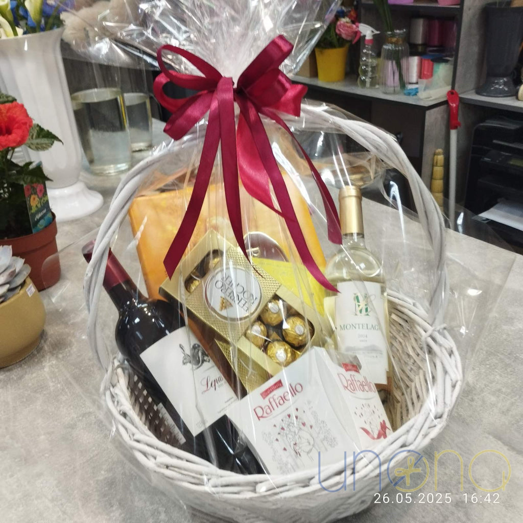 Birthday gift basket with premium wine and gourmet chocolates