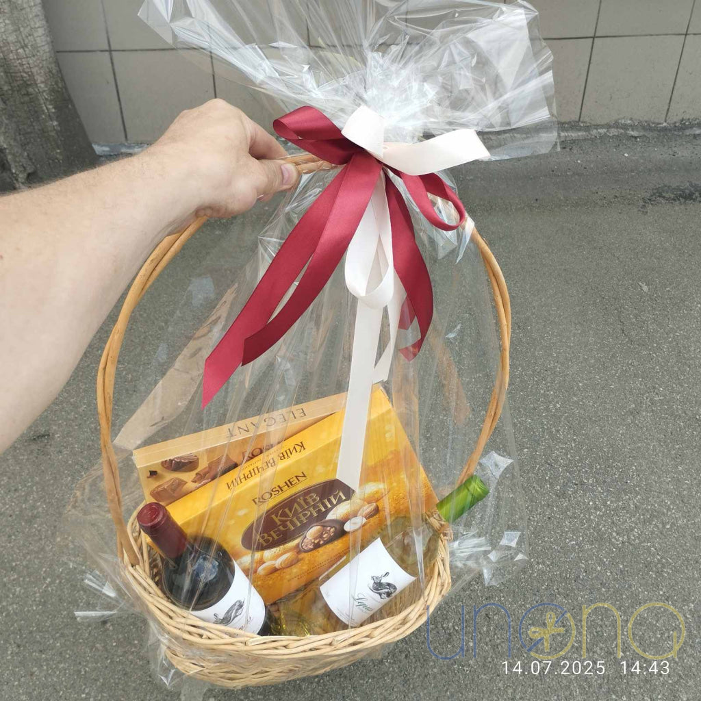 Birthday wine gift basket with red wine, white wine and popular imported chocolates