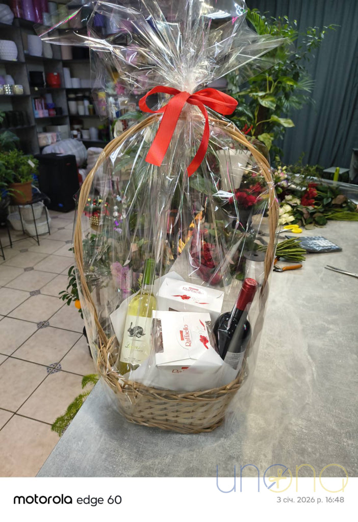 Birthday wine gift basket with red wine, white wine and popular imported chocolates