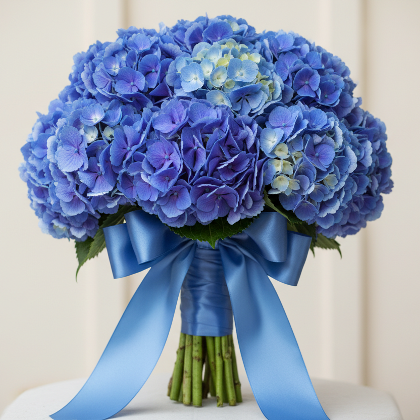 Bouquet of nine blue hydrangea flowers with a blue ribbon