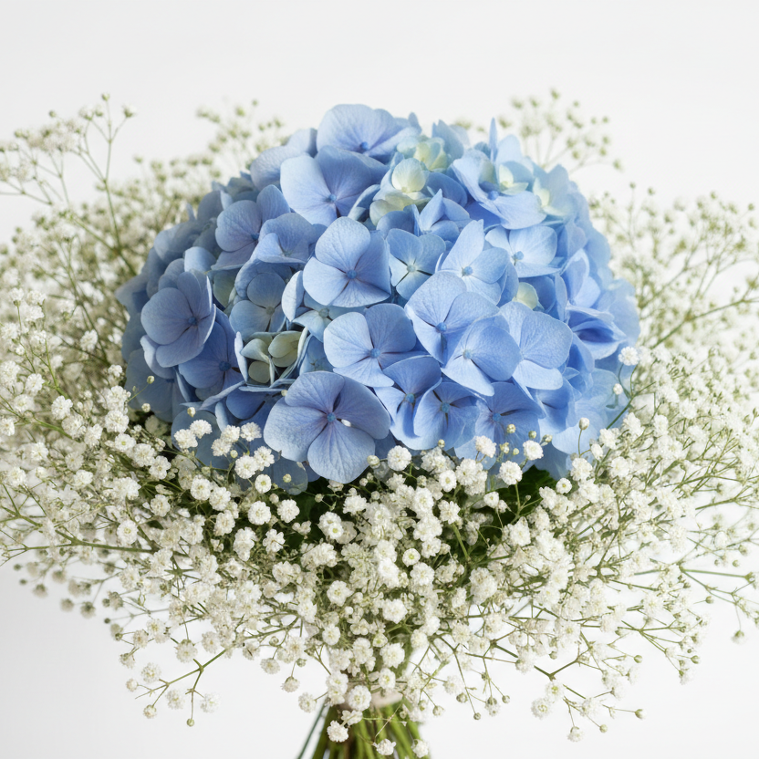 Delicate romantic bouquet with blue hydrangea