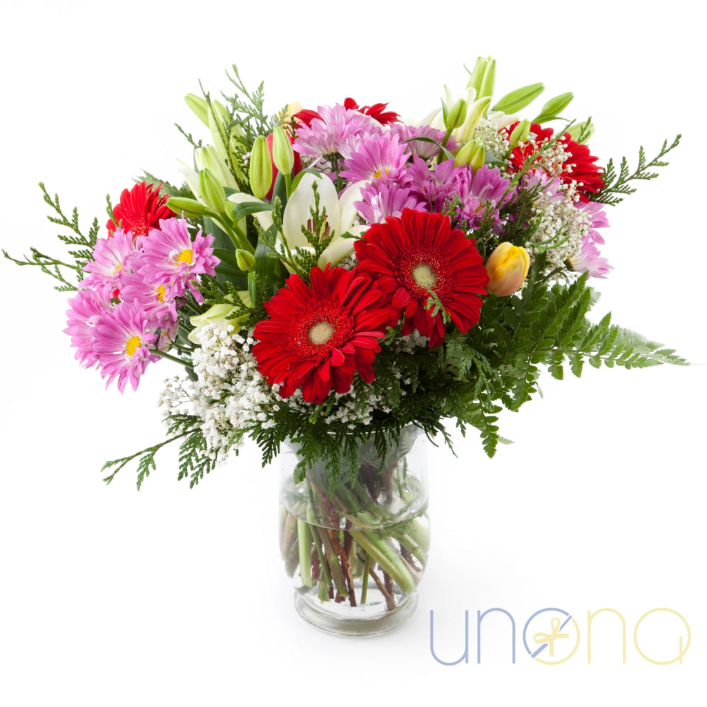 Brighten Her Day Bouquet – asters, lilies, gerberas & seasonal greens – send flowers to Ukraine