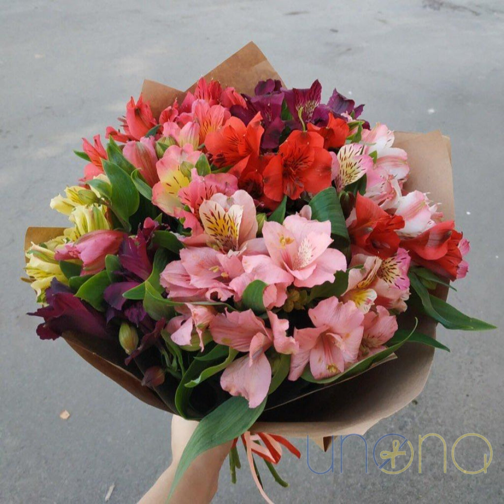 Colorful 11 alstroemerias bouquet with purple blooms Lviv