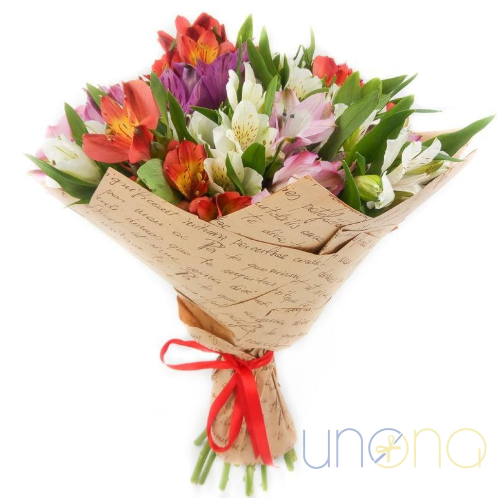 11 alstroemerias bouquet in red, white, pink & purple Ukraine