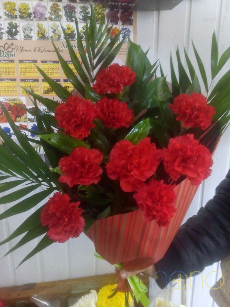 Elegant bouquet of eleven carnations arranged by florists