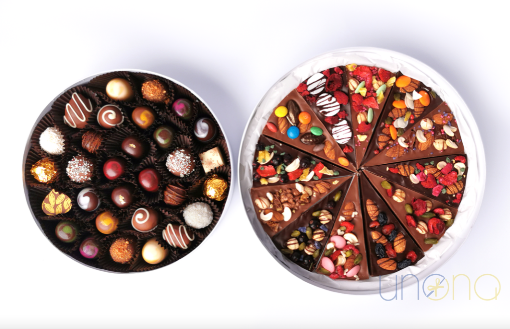 Gourmet chocolates, macarons, and chocolate pizza gift
